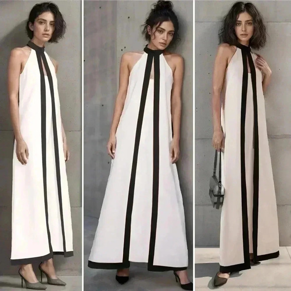 NWOT Staud Wright Halterneck Dress in Ecru and Black Size Small - Picture 2 of 10